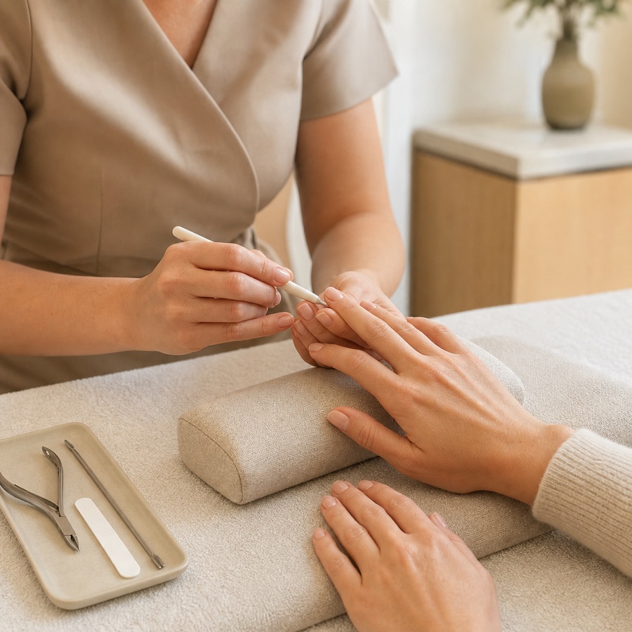 Professional nail technician caring for a client at The Nailounge