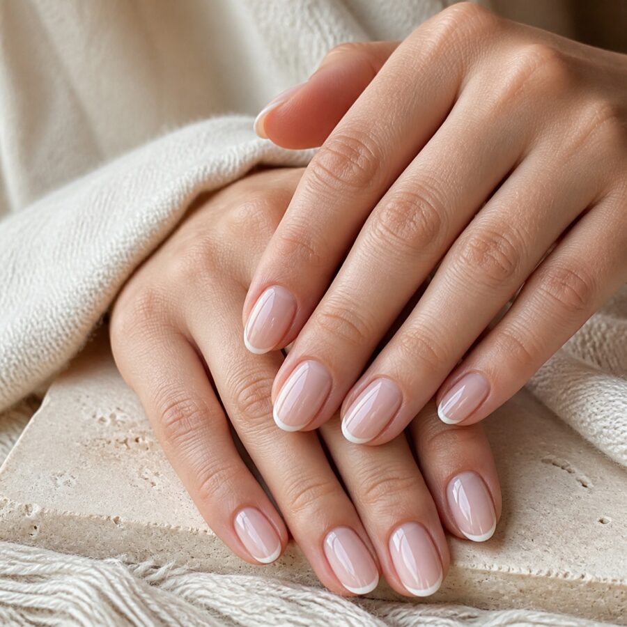 Elegant short nails with milky nude polish and fine white micro French tips