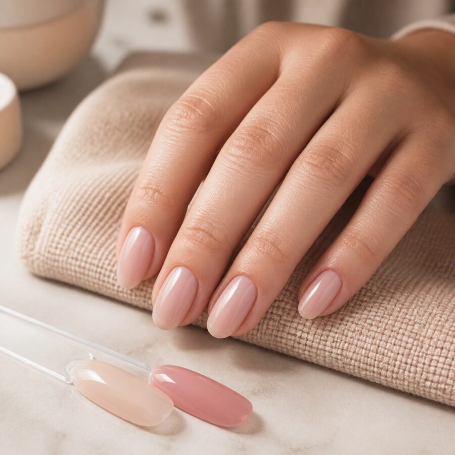 Glossy nude structured manicure beside two natural pink nail colour swatches
