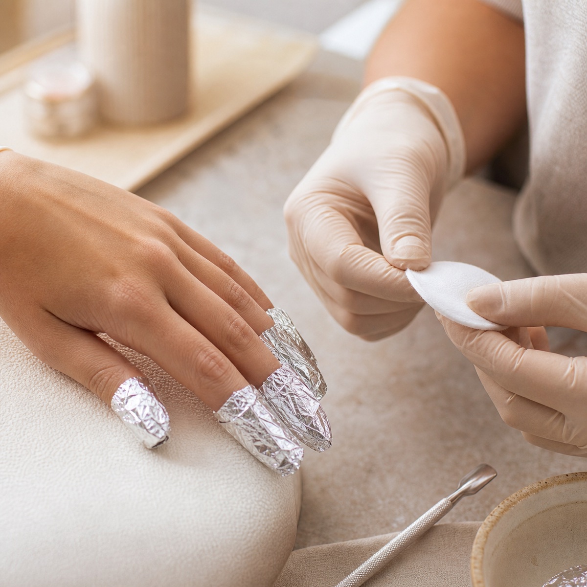 Professional soak-off gel removal using foil wraps and cotton pads