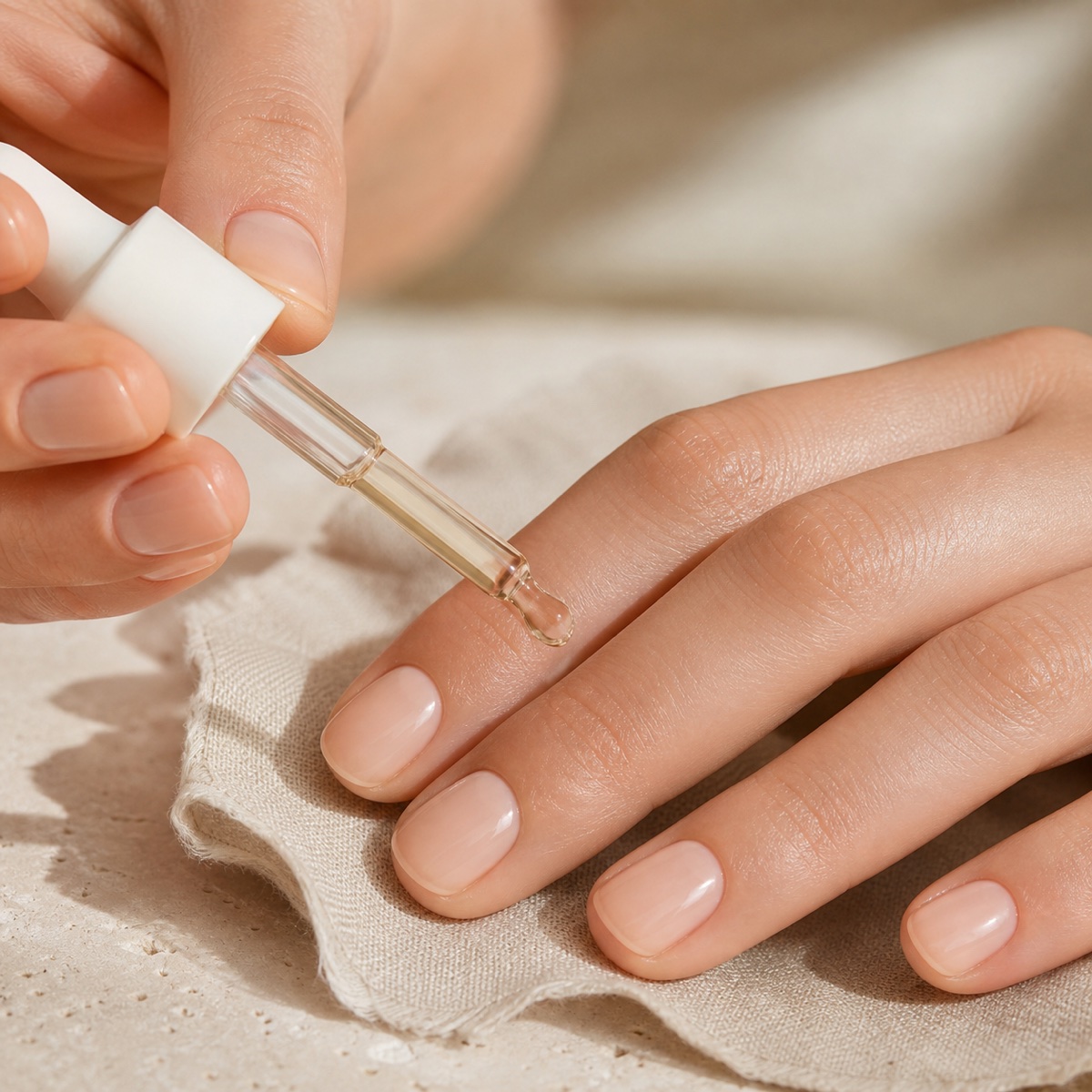 Cuticle oil dropper applying oil beside a short nude manicure