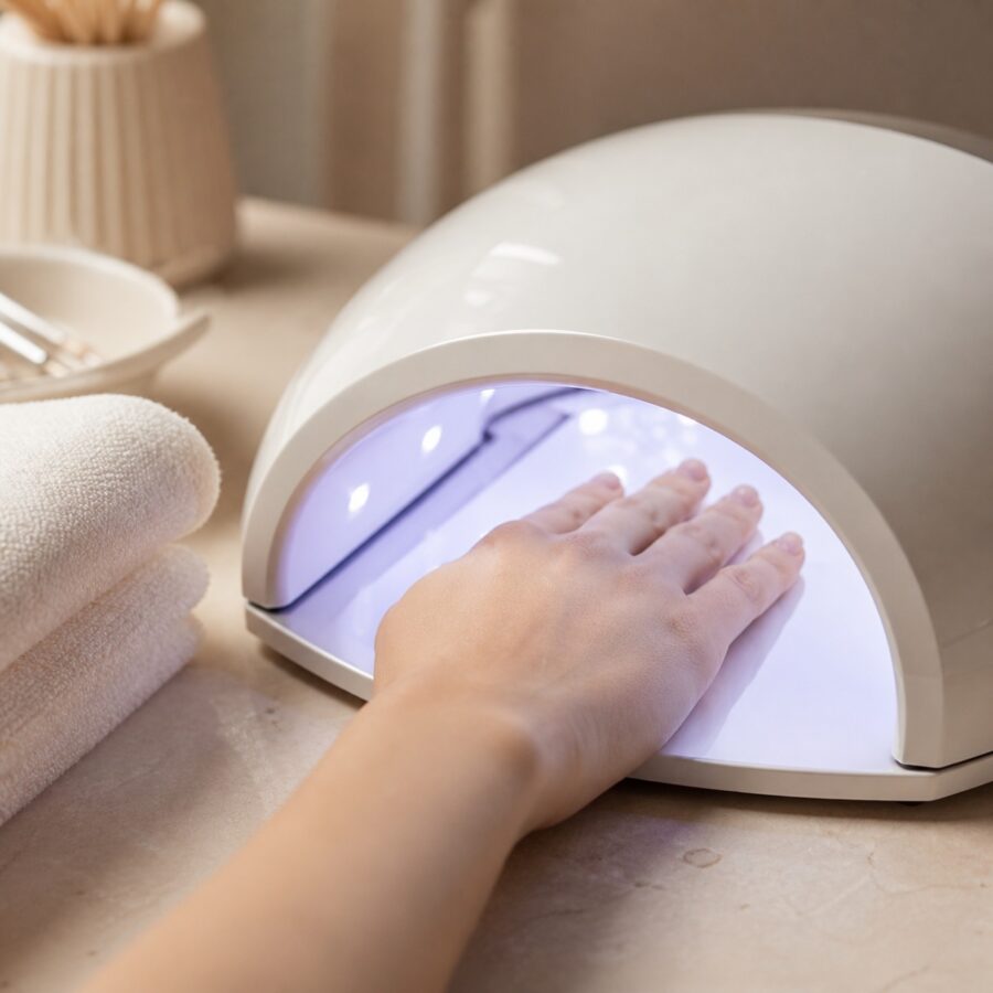 Hand curing inside a modern white LED nail lamp at a neutral manicure station