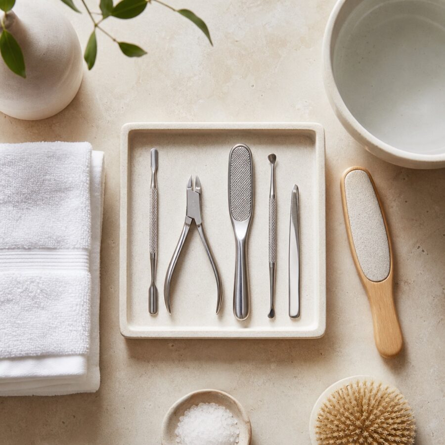 Clean stainless-steel pedicure tools, white towels and a ceramic bowl arranged on stone