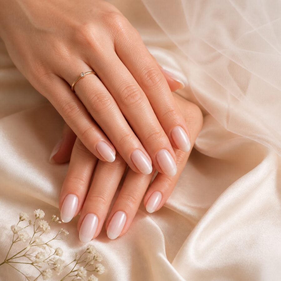 Bridal hands with sheer pearl nude almond nails resting on ivory silk